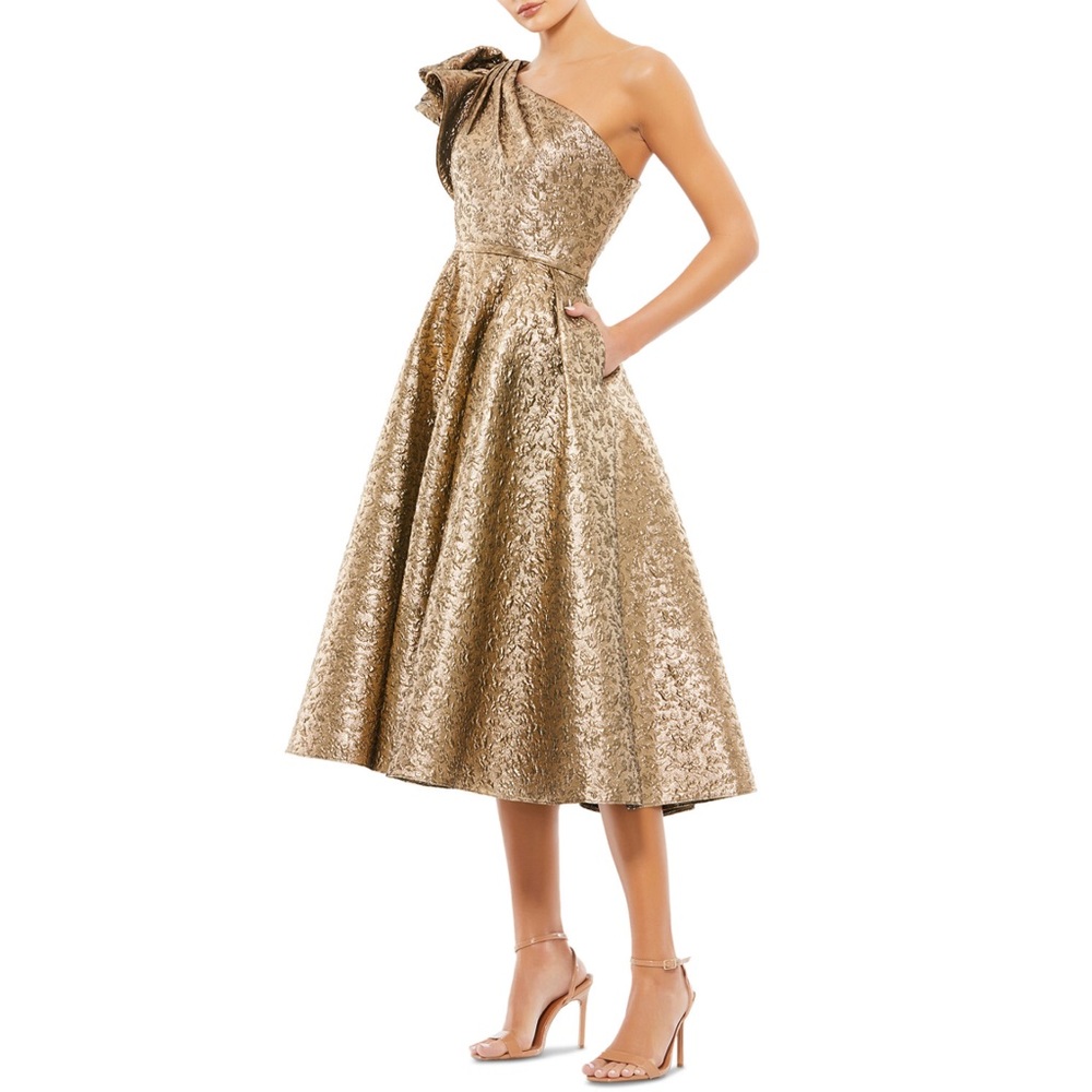 Mac Duggal one shoulder gold metallic midi cocktail dress
